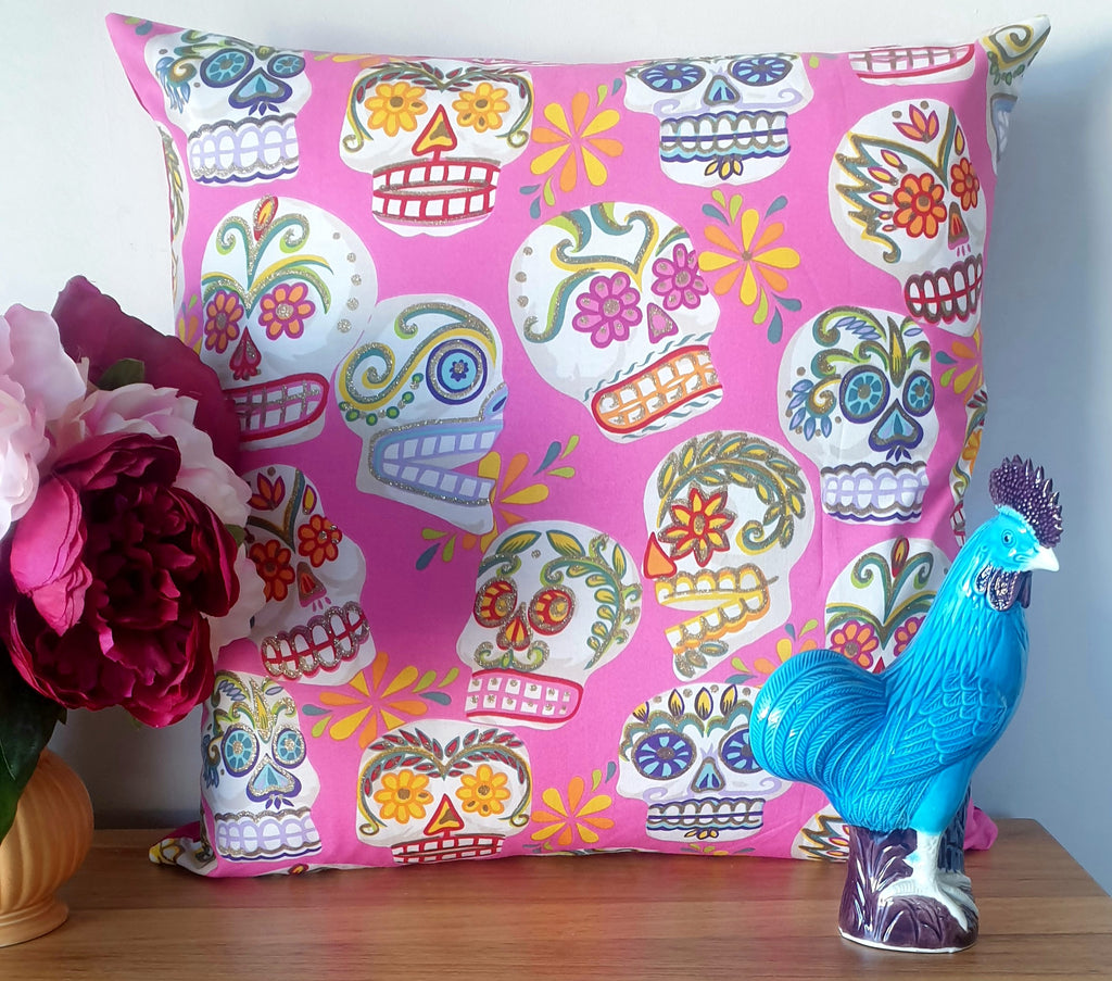 Hot Pink Sugar Skulls - Handmade Cushion Cover