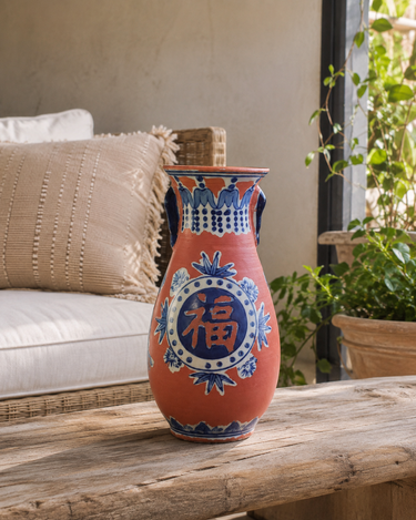 Coral Red & Blue Chinese-Inspired Outdoor Vase (1980s–1990s)