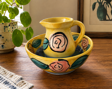 Christine Harris NZ Hand-Painted 'Roses' Jug & Bowl Set