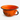 An orange enamel cup with a black rim and handle, featuring a vintage-style printed logo on the front, set against a plain light gray background.