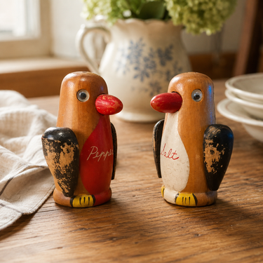 Vintage Japanese Penguin Teak Salt & Pepper Shakers