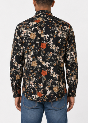 Black Floral Long Sleeved Mens Shirt (Medium)