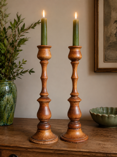 Vintage Turned Wooden Candlesticks Pair
