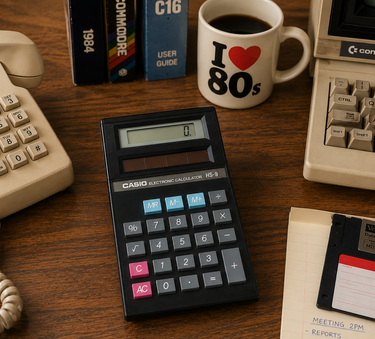 A black Casio calculator sits on a wooden desk surrounded by retro-themed props including a beige rotary phone, a vintage Commodore computer, a coffee mug reading 'I <heart> 80s', books, and a floppy disk.