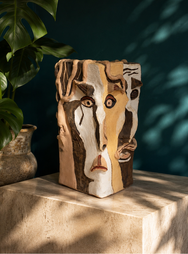 Abstract Cubist Faces Studio Pottery Sculptural Vessel