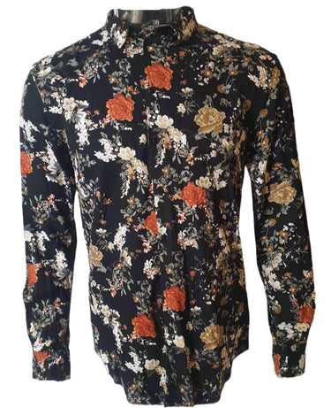 Black Floral Long Sleeved Mens Shirt (Medium) vintage clothing nz vintage menswear nz planet retro nz