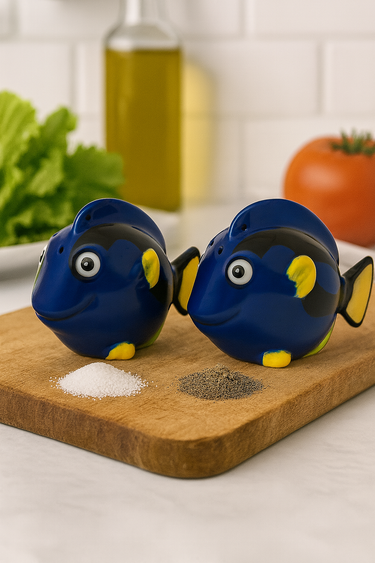 Two blue fish-shaped salt and pepper shakers on a wooden cutting board with a kitchen background.
