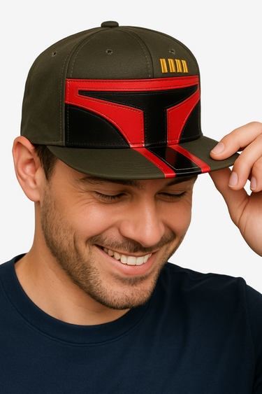 Man wearing a black and red cap with a unique design, smiling against a neutral background