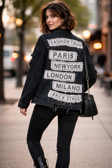 Black Denim “Fashion Tour” Jacket – Distressed Streetwear