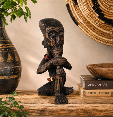 Vintage Carved Wooden Thinking Man Figure