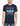 Man wearing a navy blue t-shirt with a graphic design featuring a character and text.