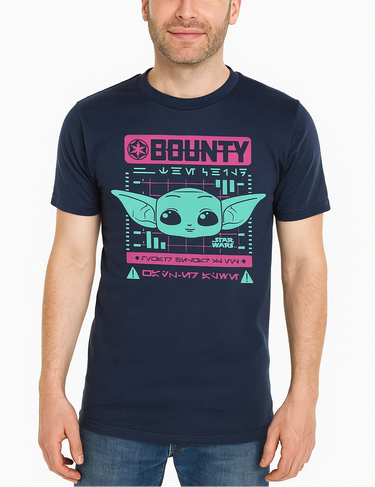Man wearing a navy blue t-shirt with a graphic design featuring a character and text.