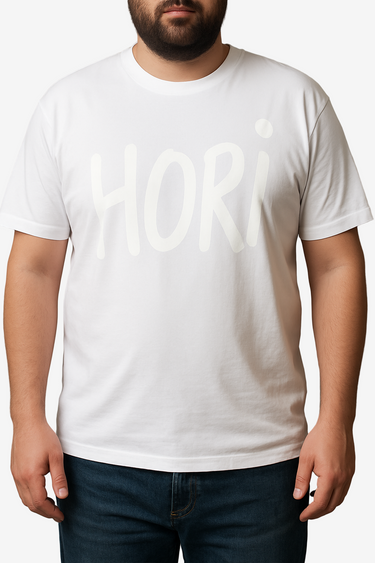 Person wearing a white t-shirt with 'HORI' printed on it against a neutral background