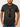 Man wearing a black t-shirt with a unique design on a plain background