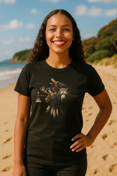 Woman wearing a black t-shirt with a graphic design on a beach