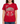 Person wearing a red t-shirt with graphic design on a white background