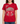 Person wearing a red t-shirt with graphic design on a white background
