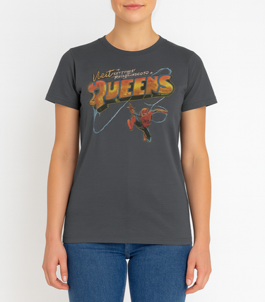 Person wearing a dark gray Spiderman t-shirt with colorful graphics and text on a plain background