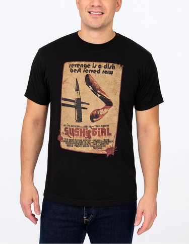 Man wearing a black t-shirt with a graphic design and text.