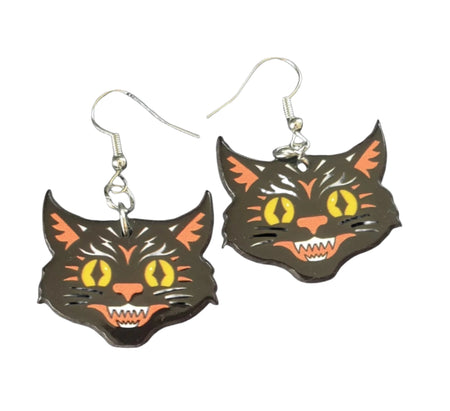 Crazy Cat Acrylic Hook Earrings Planet Retro New Vintage 