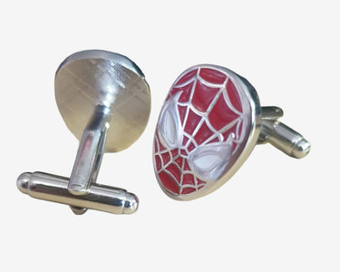 Spider-Man themed cufflinks with red and silver design on a white background
