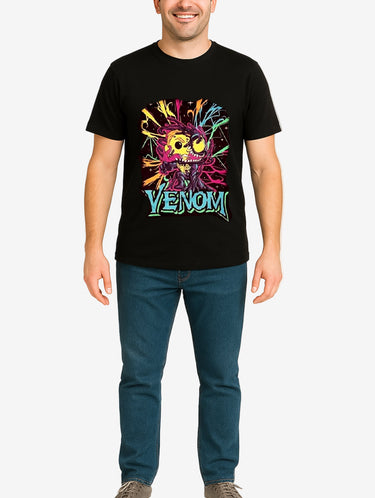 Person wearing a black t-shirt with a colorful 'Venom' graphic design on a plain background