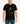 Man wearing a black t-shirt with a colorful graphic design on a plain background