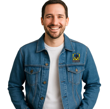 Man wearing a blue denim jacket with a logo on a beige background