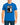 Person wearing a blue t-shirt with a graphic design on a plain background