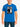 Person wearing a blue t-shirt with a graphic design on a plain background