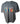 Gray t-shirt with colorful text on a hanger against a white wall.