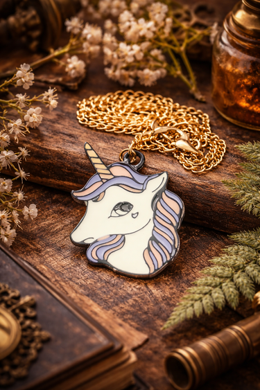 Unicorn pendant necklace on a wooden surface with dried flowers and herbs