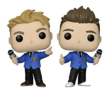 Two figurines of men in blue jackets with microphones on a white background