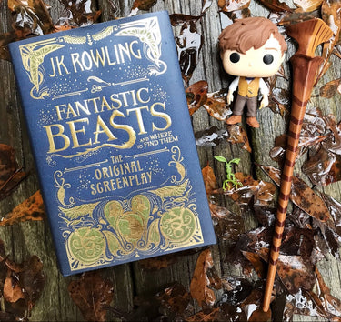 A blue hardcover book titled 'Fantastic Beasts' with ornate gold lettering, placed on wet wooden boards surrounded by brown leaves. A small Funko Pop-style character figure and a wooden wand are beside it.