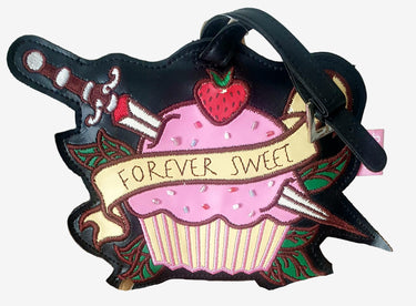 Decorative luggage tag with cupcake design and 'Forever Sweet' text on a white background