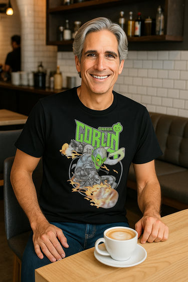 Person wearing a black t-shirt with a graphic design on a plain background