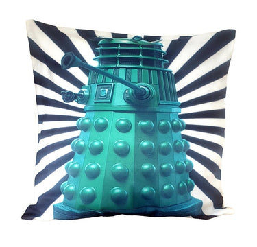 Decorative pillow with a blue and white design on a white background