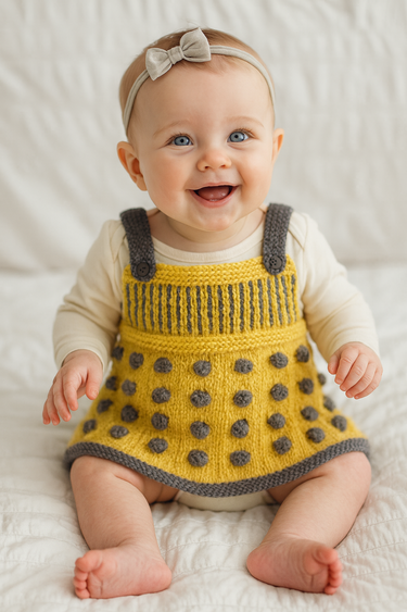 Baby wearing a yellow knitted dress with gray accents on a white background