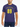 Man wearing a purple Lee Denim t-shirt with yellow text on a white background