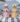 Two colourful robot-like figures on a blue and white striped ufo spaceship with a natural mountains and trees background.  Planet Retro NZ