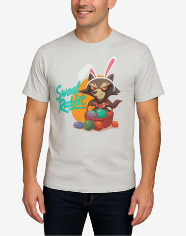 Man wearing a t-shirt with a cartoon raccoon design against a brick wall.