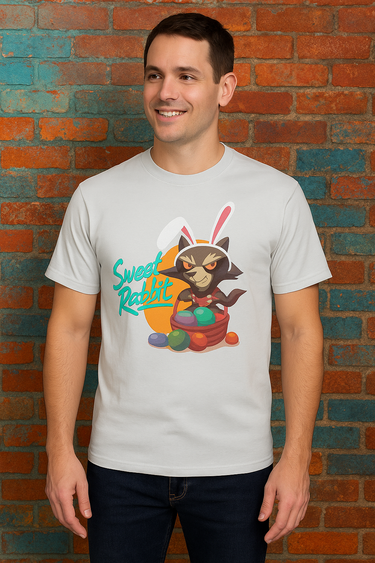 Man wearing a t-shirt with a cartoon raccoon design against a brick wall.