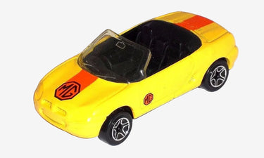 Yellow toy car with black interior and red stripes on a white background