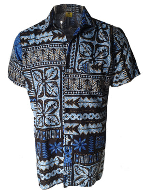 Mens Blue Black Tribal Hawaiian Shirt New Vintage Clothing NZ Planet Retro