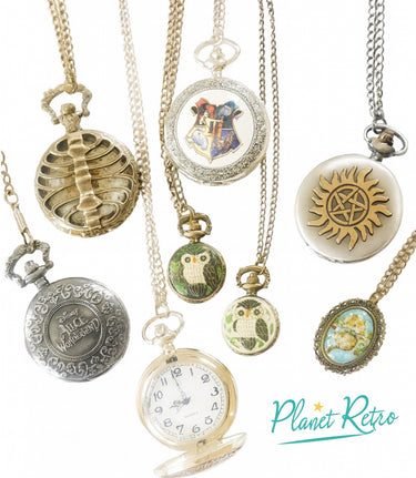 Collection of vintage-style necklaces with unique designs on a white background, featuring the brand 'Planet Retro'.
