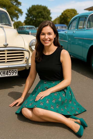 Woman sitting on the ground in front of vintage cars