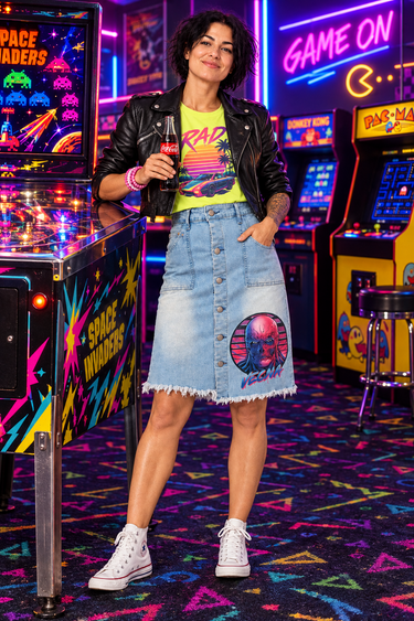 Model wearing Planet Retro Stranger Things Vecna upcycled denim button skirt with pink shirt and purple high-top trainers – AI styled image