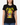 Person wearing a black t-shirt with a colorful graphic design on a beige background