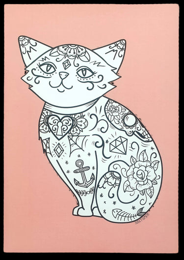Tattooed Cat A4 Art Print by Jubly Umph New Vintage Art NZ Planet Retro NZ