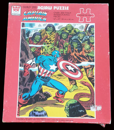 Vintage Captain America jigsaw puzzle box with superhero design